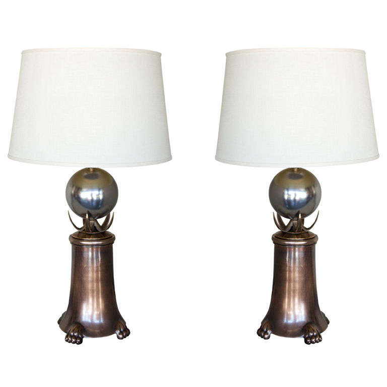 Mid-Century Brutalist Pair of Brass and Polished Nickel Table Lamps